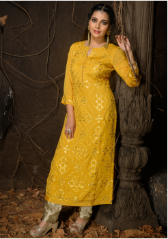 Yellow Color Designer Chinnon Kurti